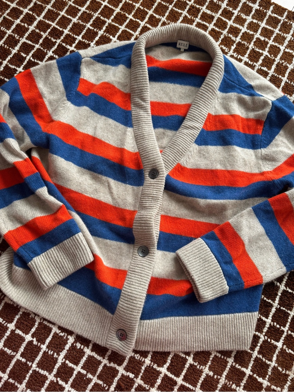 KULE Shawl V-neck Collar Striped Cardigan Gray Blue Orange L